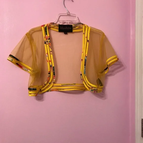 Moshita Couture yellow bird printed Dress with matching jacket size medium - Picture 6 of 10